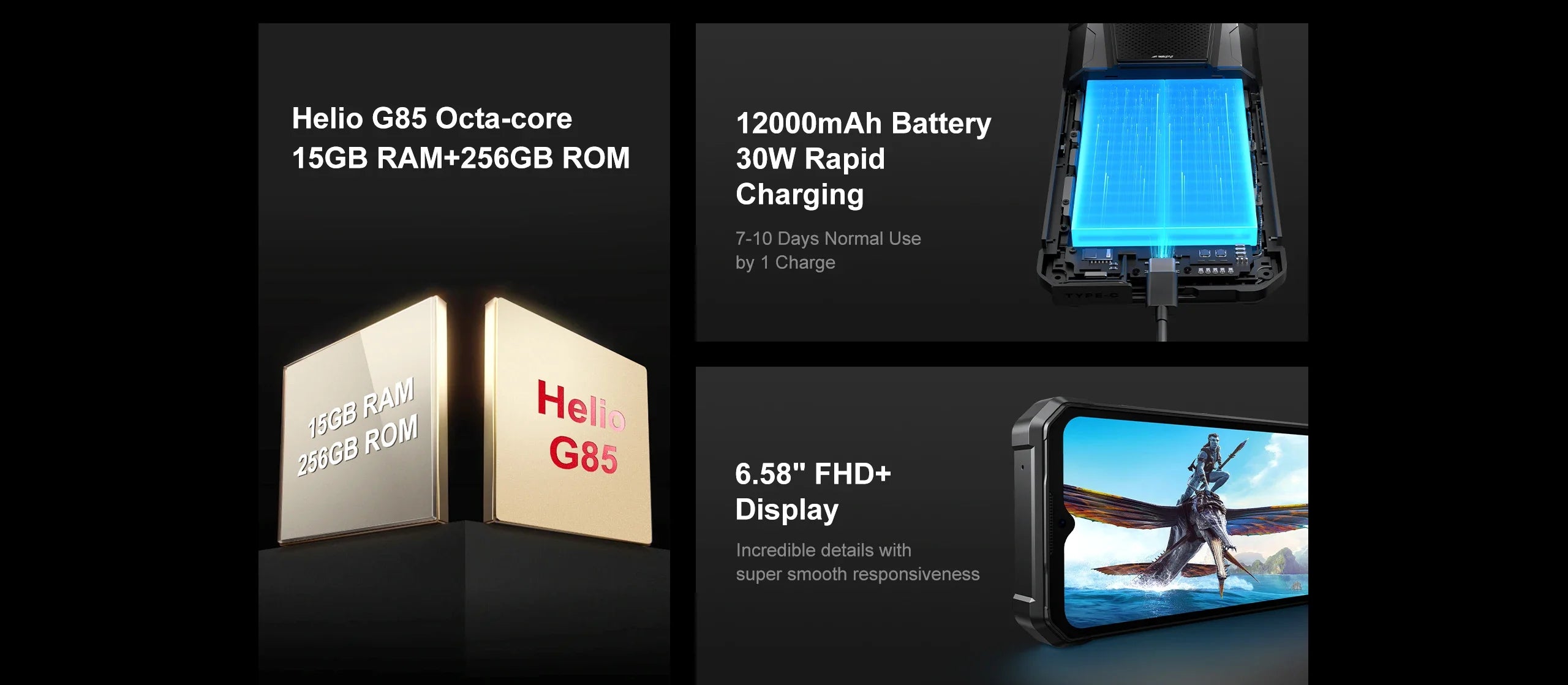 FOSSiBOT F106 PRO 4G Rugged Smartphone Android 14 15GB(8+7GB Extended) 256GB ROM 12000mAh 48MP 30W 6.58 Inch FHD+ Cellphone NFC