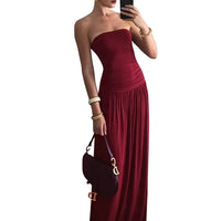 Mozision Off-shoulder Strapless Pleated Sexy Maxi Dress Women Fashion Backless Sleeveless High Waist Ruched Long Dress Elegant