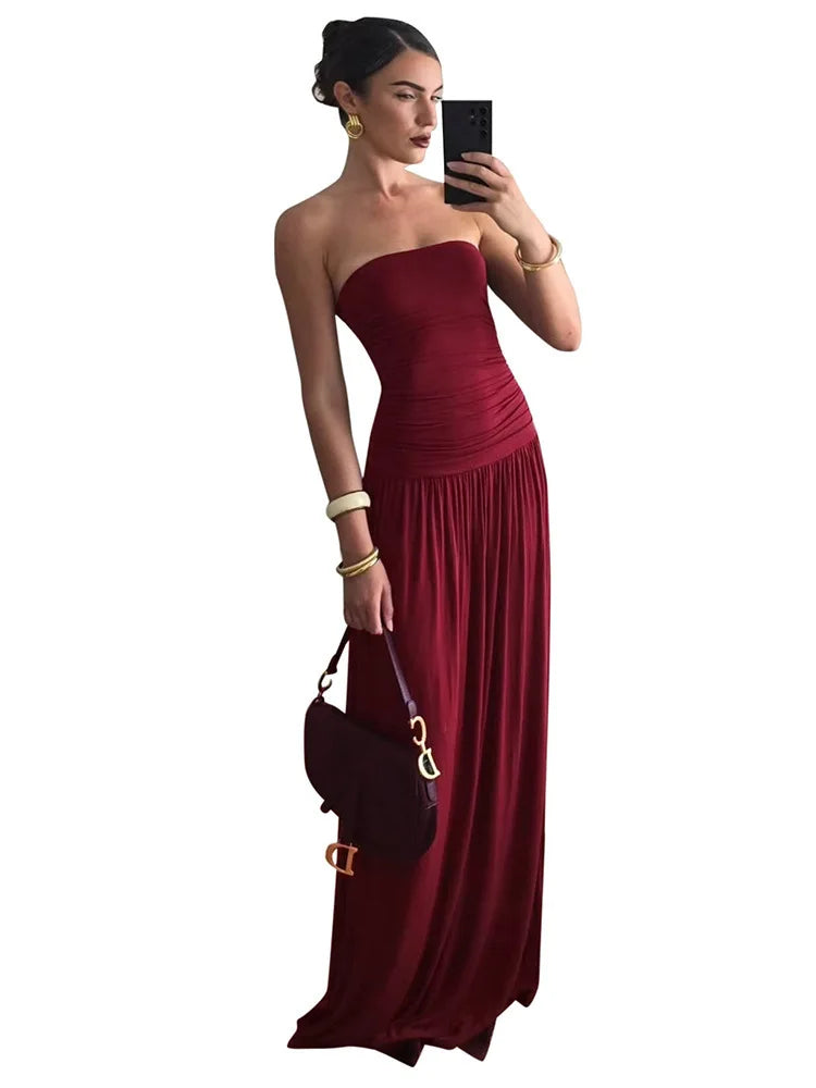 Mozision Off-shoulder Strapless Pleated Sexy Maxi Dress Women Fashion Backless Sleeveless High Waist Ruched Long Dress Elegant