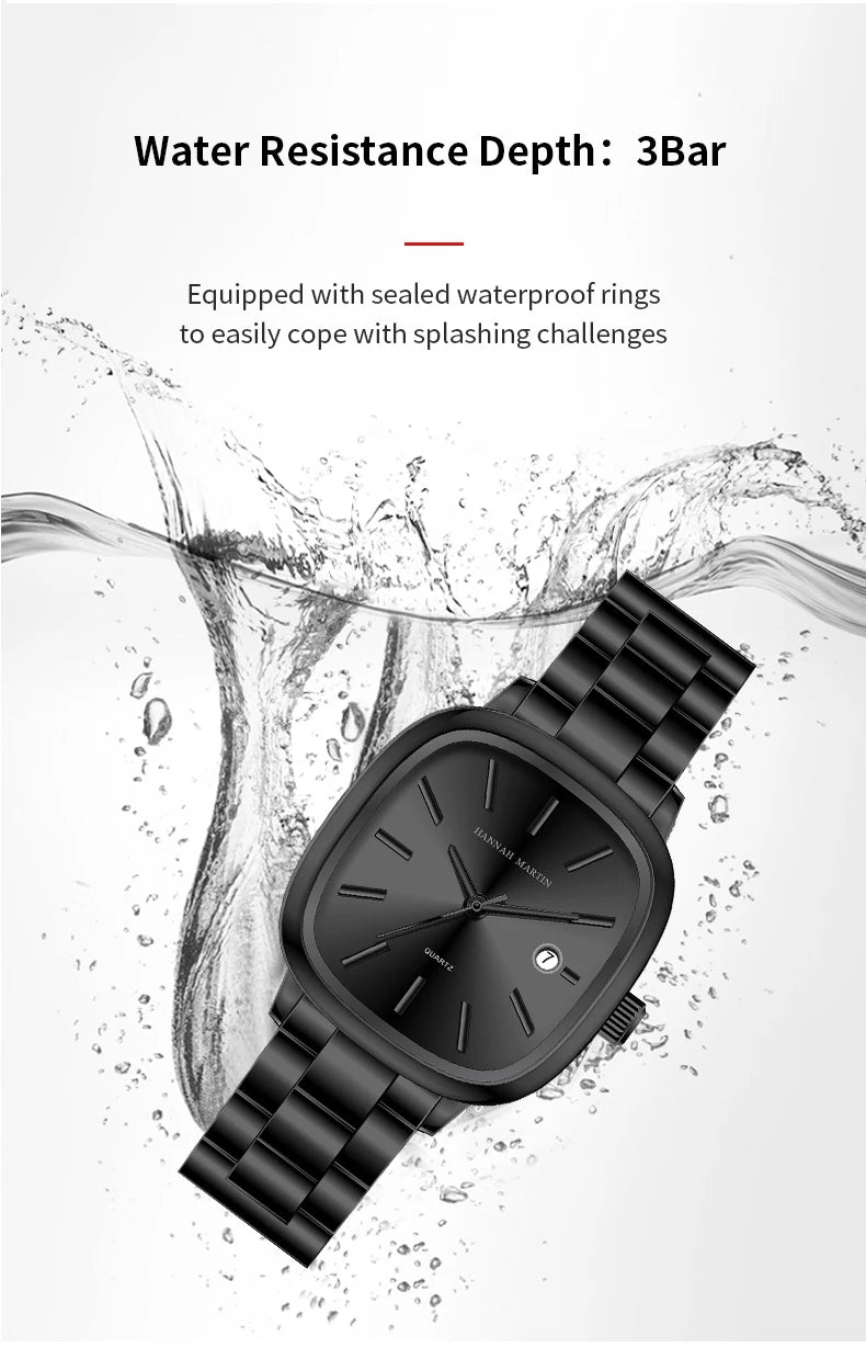 Japanese Movement Square Fashion Stainless Steel Strap Original Business Style Silver Black Waterproof 3Bar Quartz Watch for Men