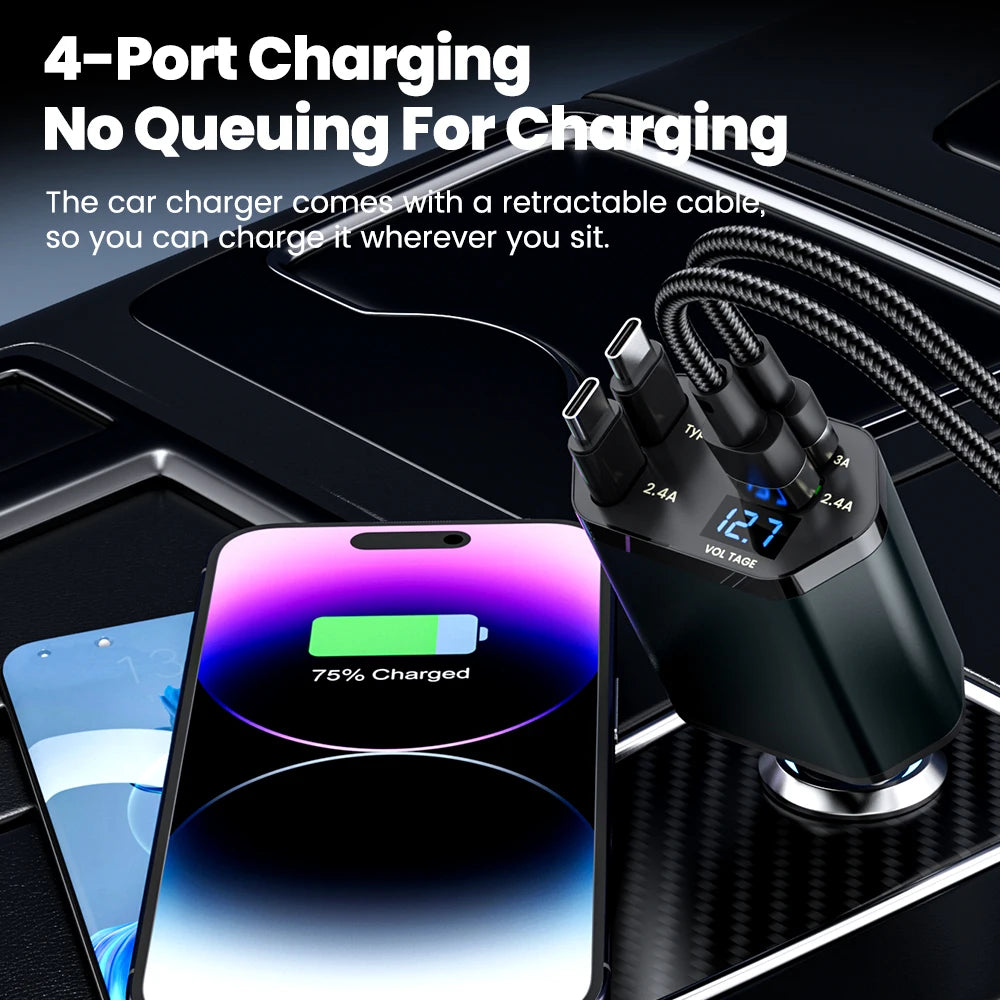 Elough 4 IN 1 Retractable Car Charger Fast Charging USB C To USB C ios Cable Charger USB Type C Car Adapter For iPhone Huawei