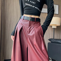 High Waist Wide Leg PU Leather Pants Women's Suit Casual Floor Length Trousers Autumn Winter New Style Loose Fit Long Pants