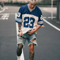 European and American Men's and Women's Football Enthusiasts Fashionable V-neck Short Sleeved T-shirt Retro Rugby Football Tops