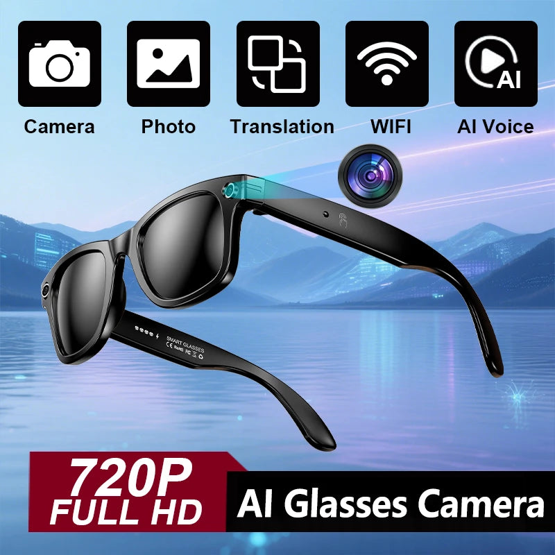 AI Smart Glasses with HD Camera for Photos Videos Hands-Free Vlog Recording Camera Glasses Audio for Driving Outdoor Sunglasses
