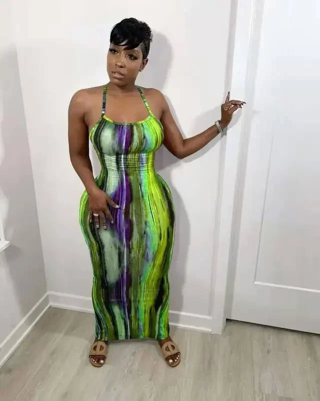 CM.YAYA Tie Dye Print Halter Open Back Maxi Dress Women Bodycon Sleeveless Splited Back Pencil Midi Long Dresses Summer 2021