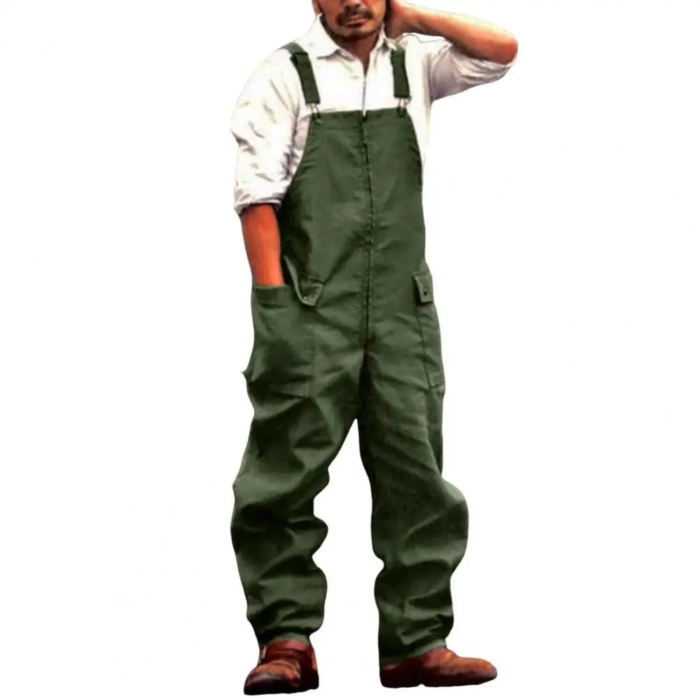 Men Denim Jumpsuit Casual Retro Style Loose Fit Overalls With Large Pockets Thick Fabric Cargo Plus Size Streetwear Jumpsuit