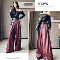 High Waist Wide Leg PU Leather Pants Women's Suit Casual Floor Length Trousers Autumn Winter New Style Loose Fit Long Pants