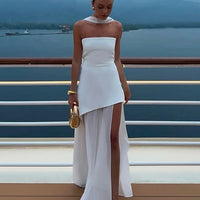 Fashion Contrast Women's V-neck Sling Long Dress For Women Elegant Pleated Backless Sleveless Maxi Dresses Lady Evening Vestidos