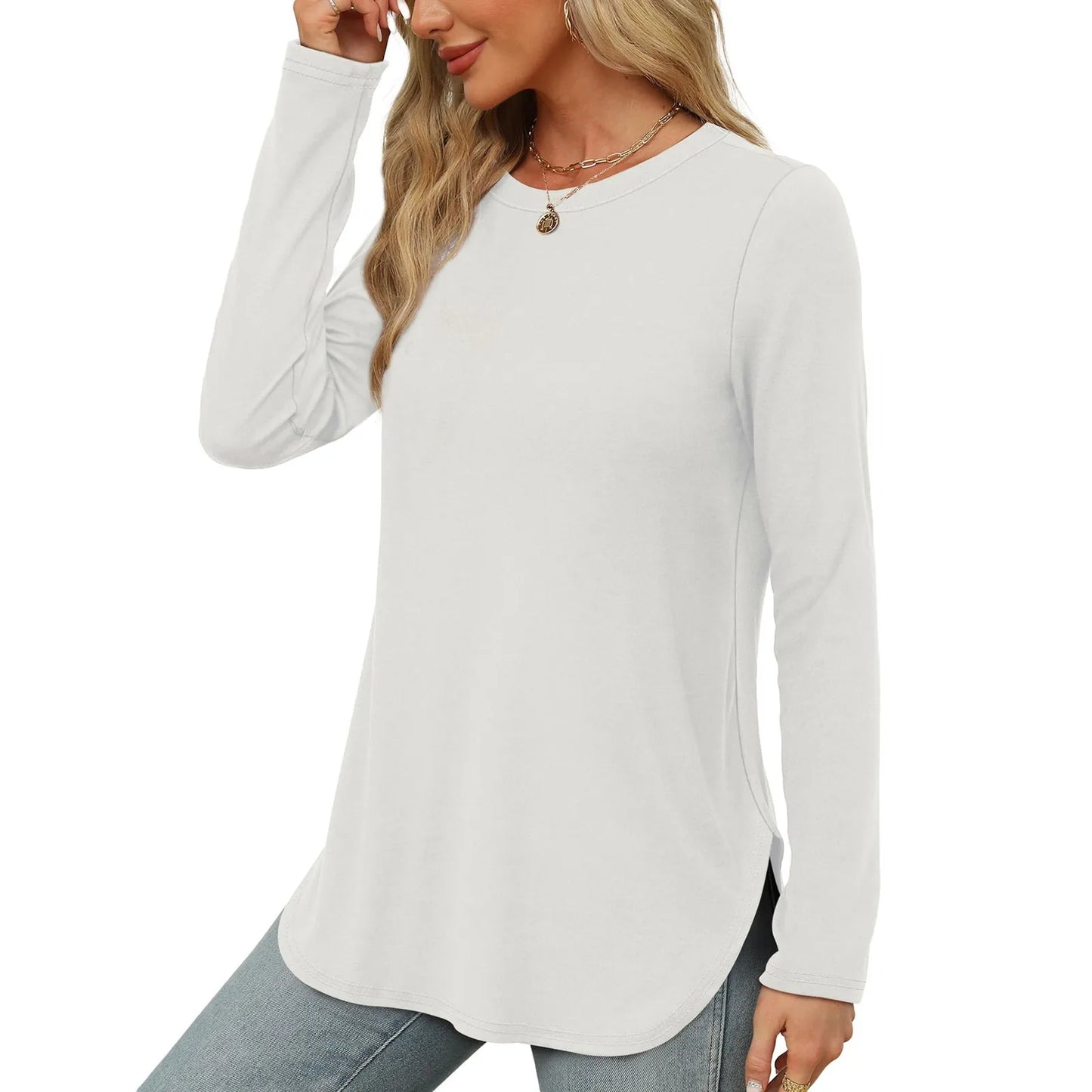 Traf 2024 Mujer Womens Long Sleeve Round Neck Shirts Side Split Basic Loose Tunic Tops Casual Shirts Ropa De Mujer Fashion
