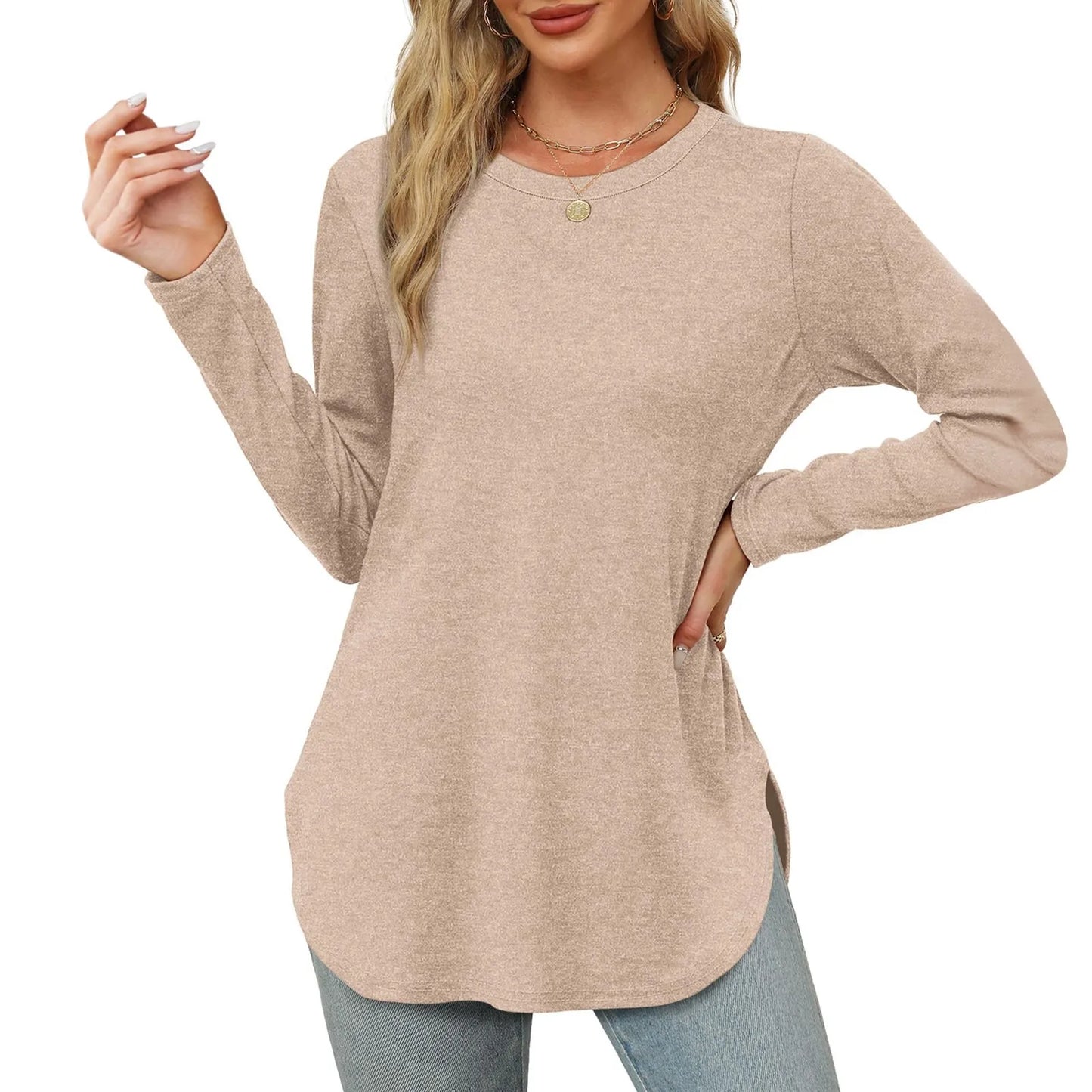 Traf 2024 Mujer Womens Long Sleeve Round Neck Shirts Side Split Basic Loose Tunic Tops Casual Shirts Ropa De Mujer Fashion