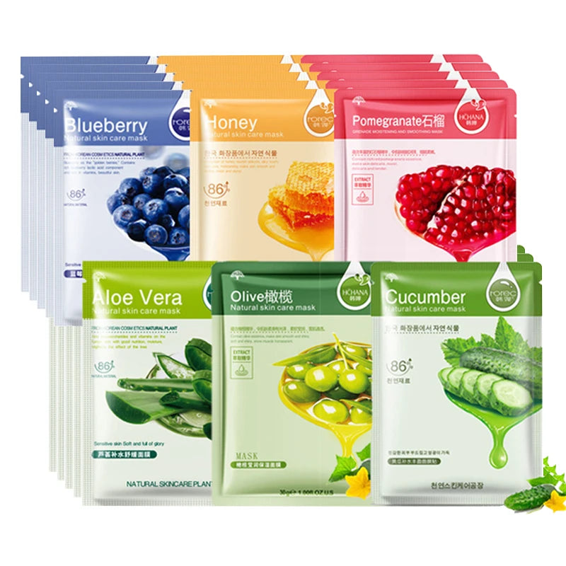 10pcs Natural Plant Facial Mask Moisturizing Oil Control Anti-Aging Fruit Aloe Korean Sheet Face Mask Beauty Skin Care Prodcuts