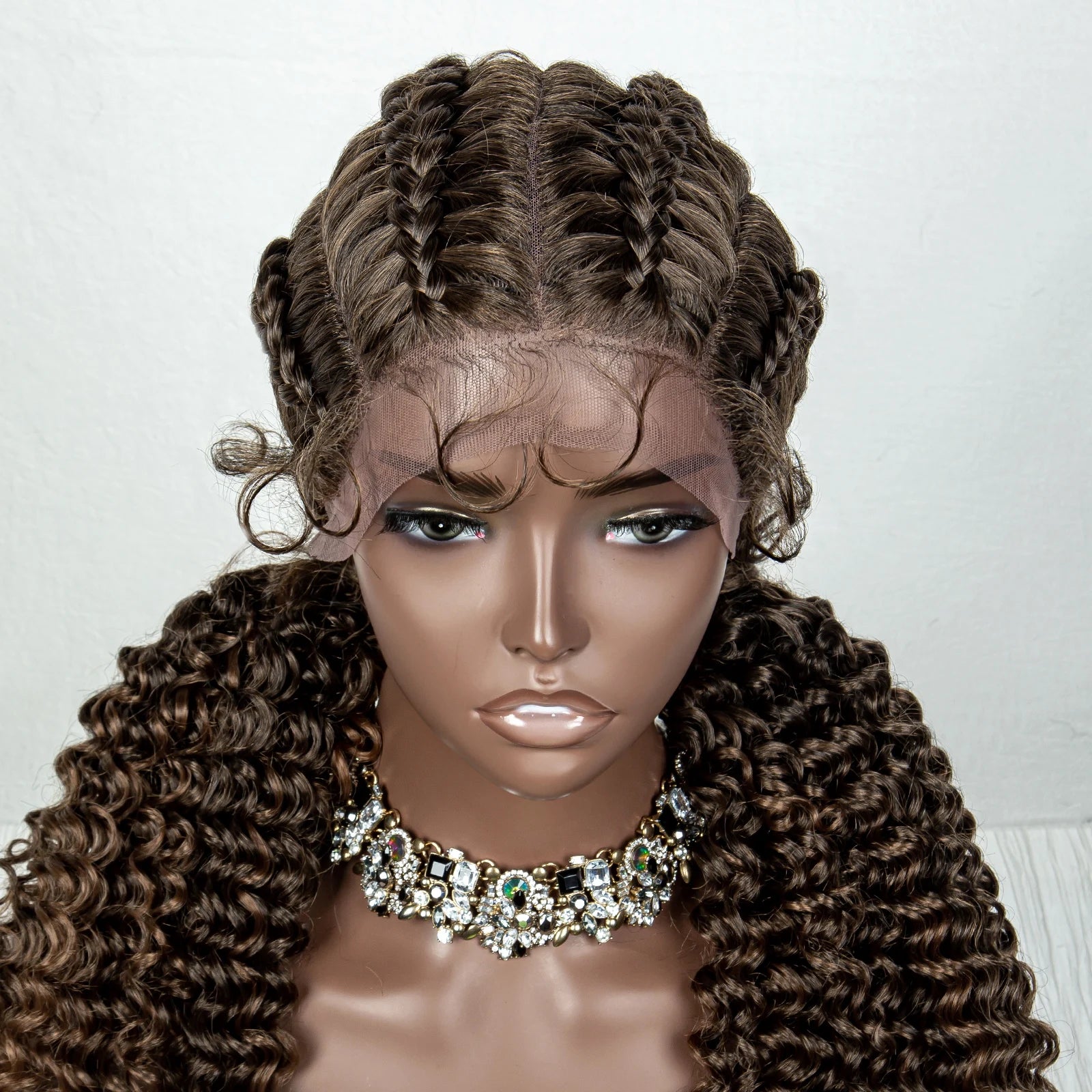 22inch Cornrow Braided Wigs Synthetic Lace Front Braids Wigs with Baby Hair 2 Curly Ponytail Braided Wigs for Black Women