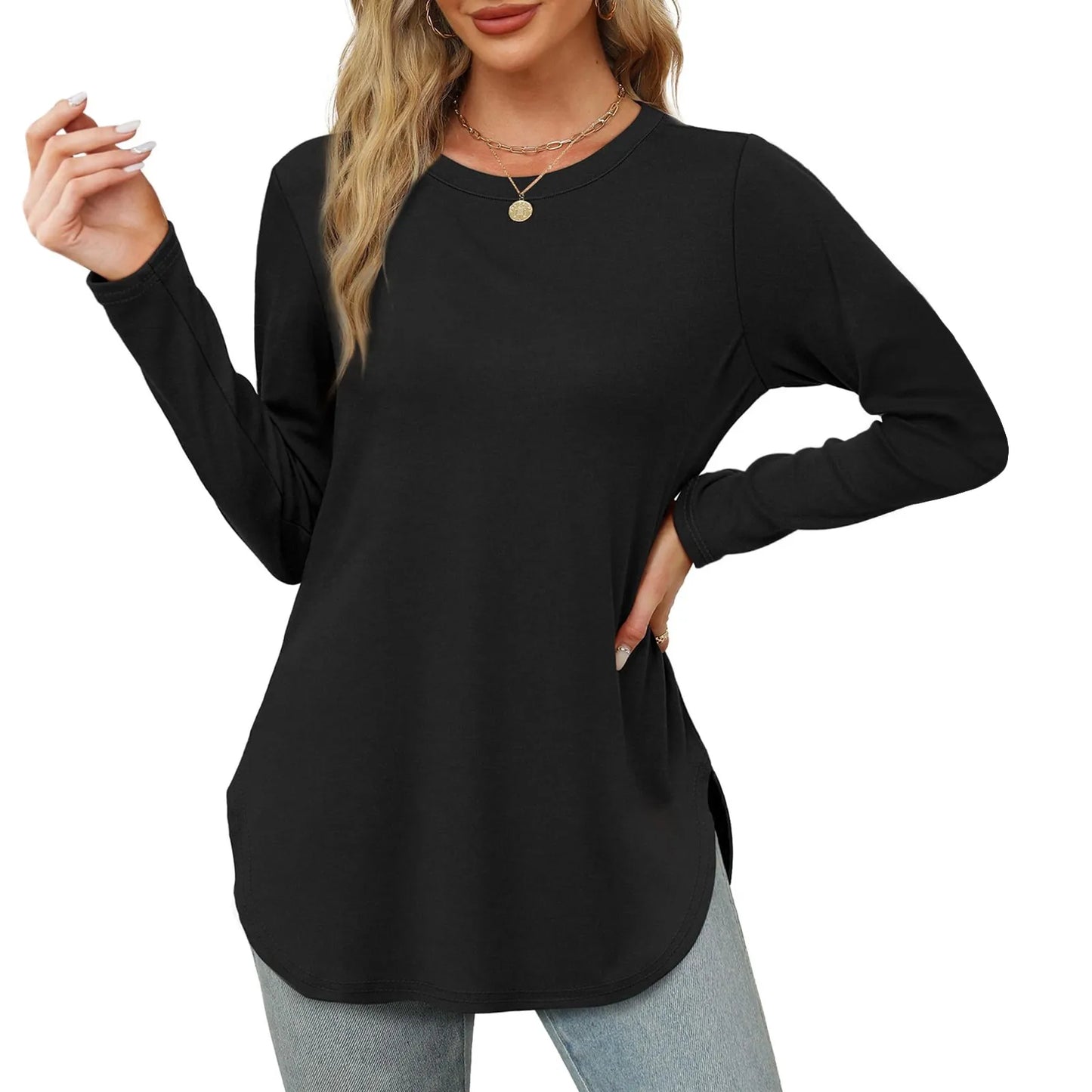 Traf 2024 Mujer Womens Long Sleeve Round Neck Shirts Side Split Basic Loose Tunic Tops Casual Shirts Ropa De Mujer Fashion