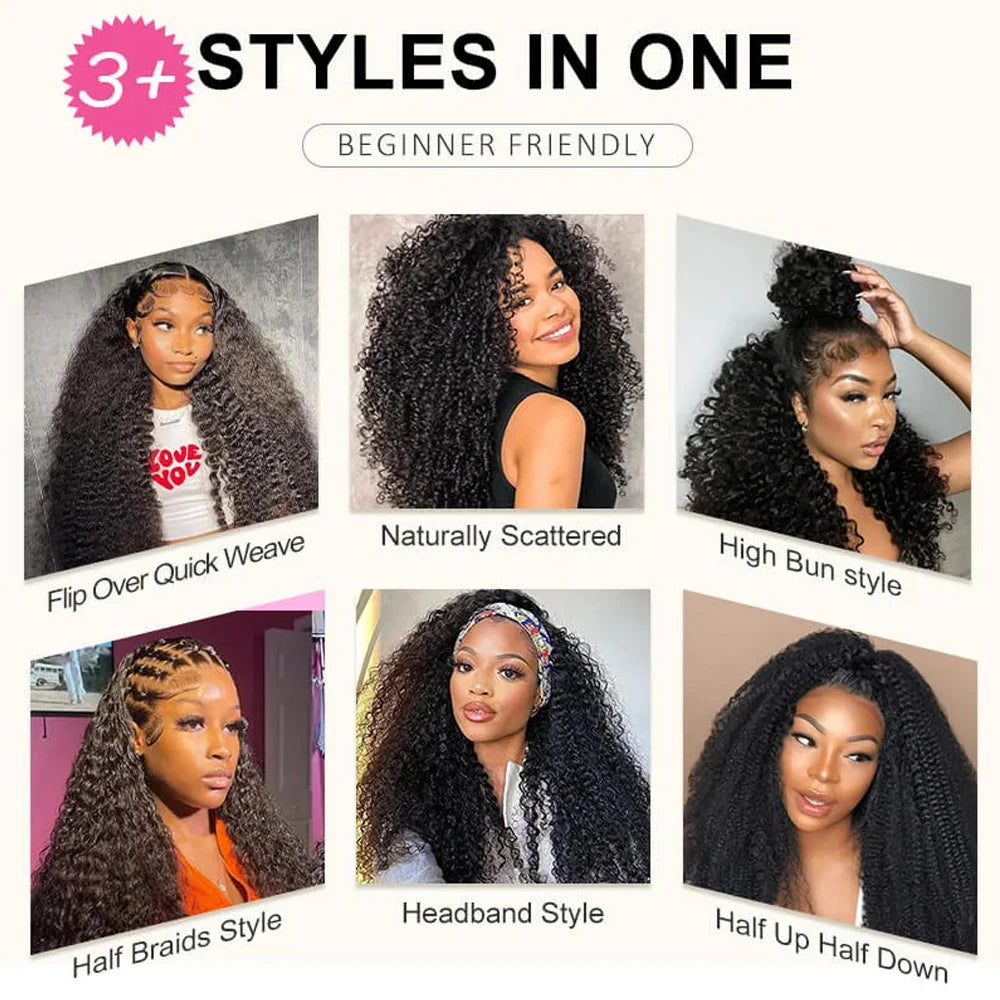 Beginner Friendly 3 In 1 Half Wig Human Hair Kinky Curly Coily Half Wig Invisible Drawstring Glueless Curly Flip Over Wig 180%