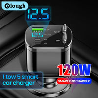 Elough Retractable Car Charger 5 in 1 Fast Charging Car Charger Retractable Cable 2 type c Ports Car Charger Adapter Compatible