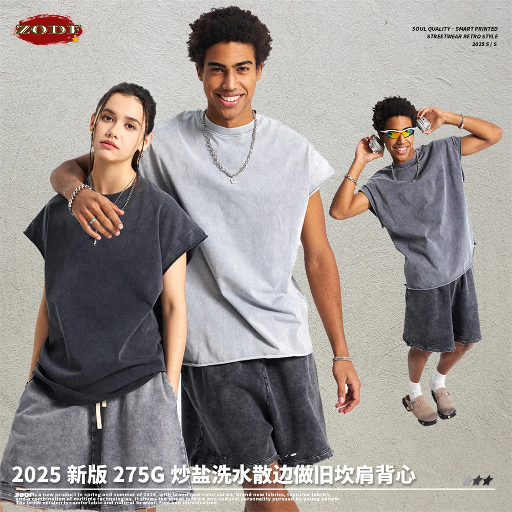 ZODF Trendy Summer Men Batik Washed 275gsm Cotton Tank Tops Unisex Oversized Loose Edge Sleeveless Vests Brand Tees HY1036