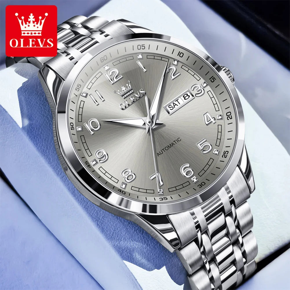 OLEVS Men Watches 7077 Luxury Fashion Top Brand Original Automatic Mechanical Watch for Man Double Scale Simple Trend Waterproof
