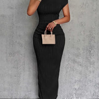 Fashion Water Ripple Slanted Shoulder Dress Women's Elegant And Simple Solid Color A-line Collar Mid-waist Sexy Hip Wrap Skirt