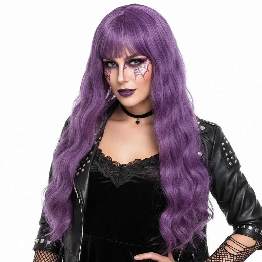 VICWIG Synthetic Hair Long Wavy Purple Green Black Blue Brown Cosplay Wig with Bangs for Women