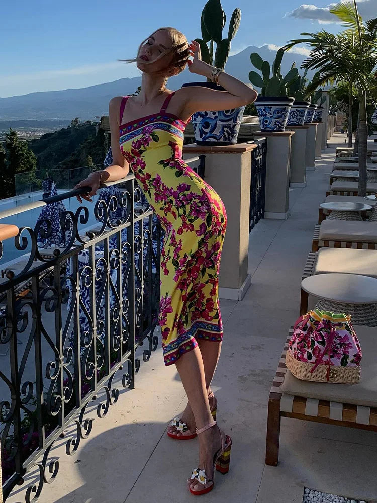 CNYISHE Flower Prints Camisoles Fashion Sheath Sexy Club Hot Girl Women Dresses Colorful Trendy Elegant Lady Female Bodycon