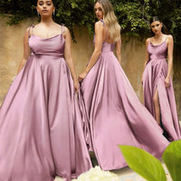 Elegant Women Maxi Beach Satin Dress Sexy Leg Slit Lace up Evening Prom Gown Adjustable Straps Bridesmaid Dresses
