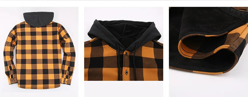 Fashion korean popular clothes winter Adding velvet and thickening long-sleeve shirts for men casual Hooded jacket plaid tops