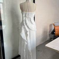 Elegant Purple Halter A Line Prom Gowns Ruffles Tiered Backless Party Gown Summer Vacation Chiffon Long Evening Dress