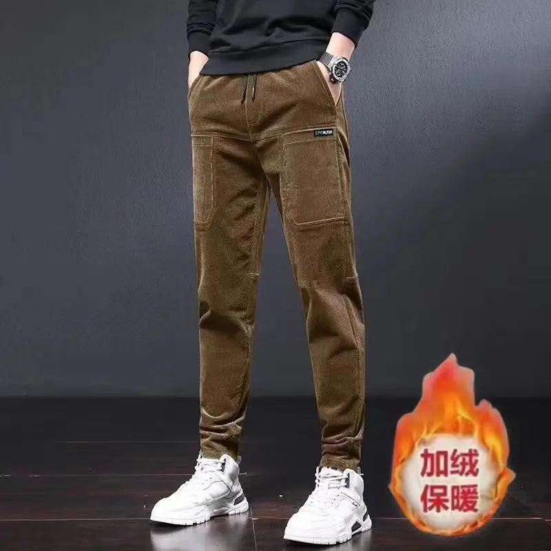 Winter Pants Men Work Wear Baggy Brushed Joggers Streetwear Elastic Waist Male Korean Designer Corduroy Plush Thicken Trousers