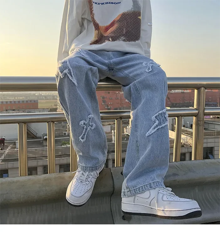 Cross Embroidery Y2k Jeans Mens Straight Denim Pants Casual Vintage Jeans Versatile Fashion Streetwear Spring High Street Pants