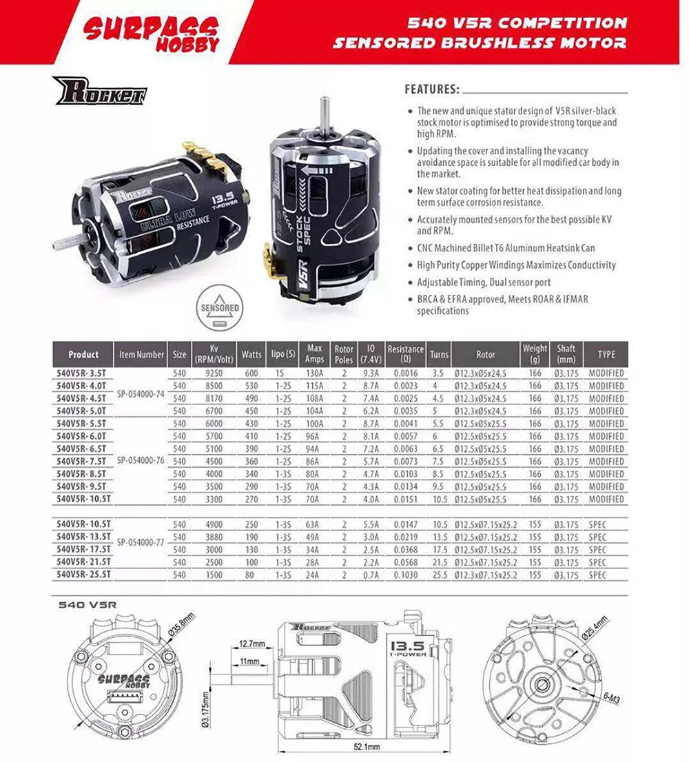 RC Car Surpasshobby Rocket 540 V5R Sensored Brushless Drift Racing Motor for 1/10 1/12 1/14 RC Car Competition Modified Truck