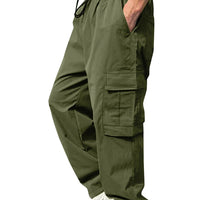 Men s Loose Cargo Long Pants Solid Color Drawstring Waist Straight Leg Trousers Casual Work Pants with Pockets