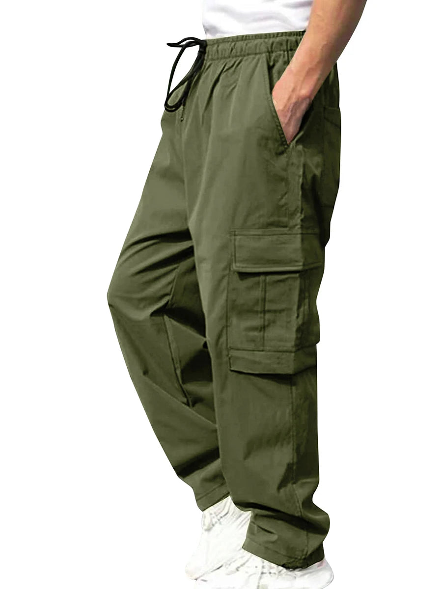 Men s Loose Cargo Long Pants Solid Color Drawstring Waist Straight Leg Trousers Casual Work Pants with Pockets
