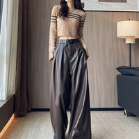 High Waist Wide Leg PU Leather Pants Women's Suit Casual Floor Length Trousers Autumn Winter New Style Loose Fit Long Pants