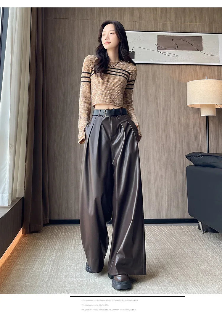 High Waist Wide Leg PU Leather Pants Women's Suit Casual Floor Length Trousers Autumn Winter New Style Loose Fit Long Pants