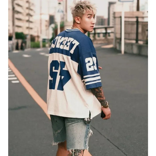 European and American Men's and Women's Football Enthusiasts Fashionable V-neck Short Sleeved T-shirt Retro Rugby Football Tops