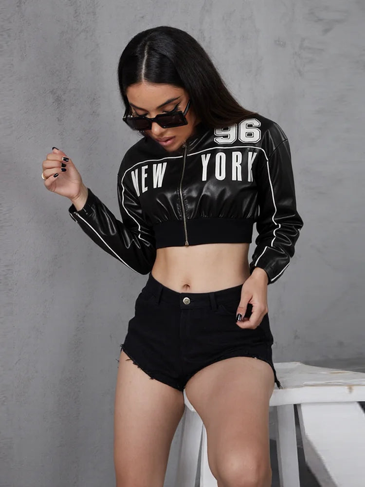 Weird Puss PU Patchwork Women Jacket Letter Print Hipster Button Zip Full Sleeve Trend Cool Street  Spring Outwear Crop Coat