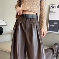 High Waist Wide Leg PU Leather Pants Women's Suit Casual Floor Length Trousers Autumn Winter New Style Loose Fit Long Pants