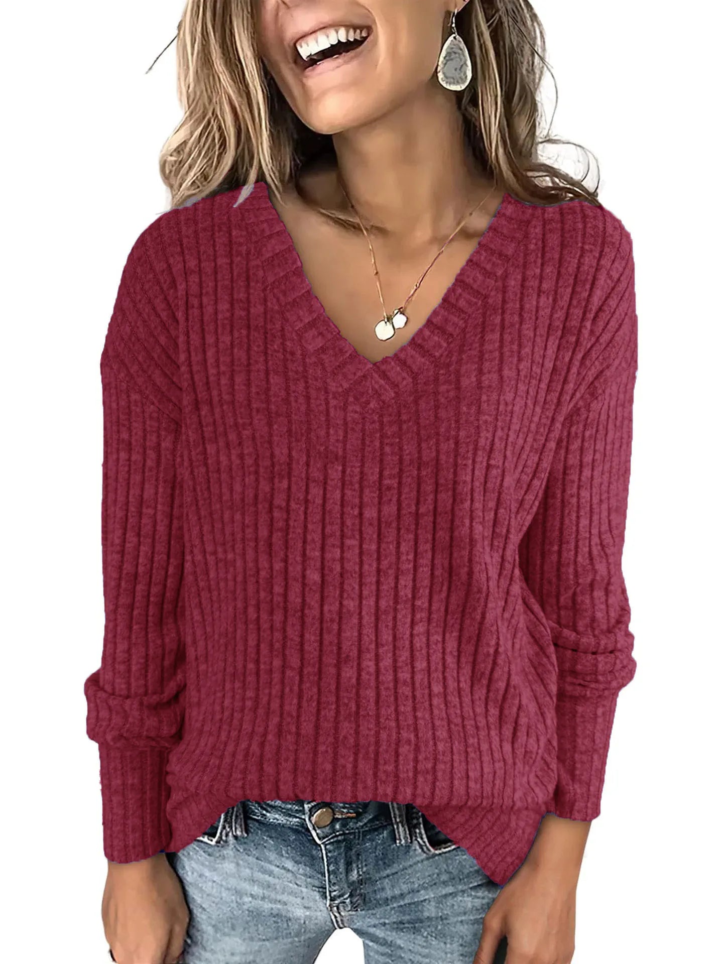 Women's Long Sleeve V-Neck T-Shirt Pit Stripe Milled Fashion Temperament Top