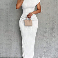 Fashion Water Ripple Slanted Shoulder Dress Women's Elegant And Simple Solid Color A-line Collar Mid-waist Sexy Hip Wrap Skirt