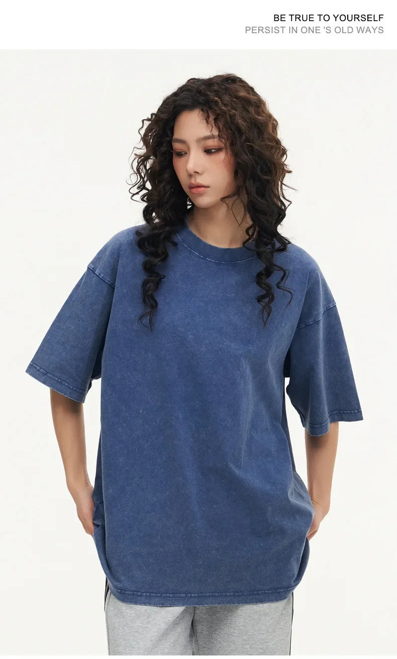 Summer men's washed T-shirt women's cotton loose round neck oversized T-shirt men's Korean Y2k top casual retro