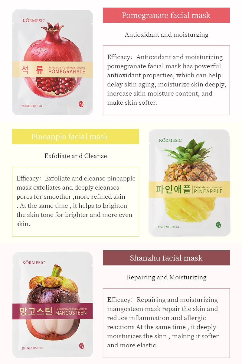 5pcs Kormesic Fruit-Infused Hydrating Face Mask Moisturizing Nourishing Hydrating Facial Skin Care Products