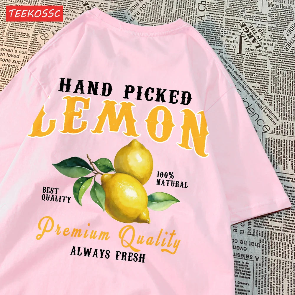 Summer Lemon Cherries Prints T-Shirts Cotton Women's Tops Oversize O-Neck Soft Short Sleeve tees Street Casual Womans Clothes