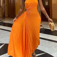 Women Elegant Long Dress Summer Sleeveless One-shoulder Pleated Hollowed Irregular Dress for Cocktail Party Beach Sundress Y2K