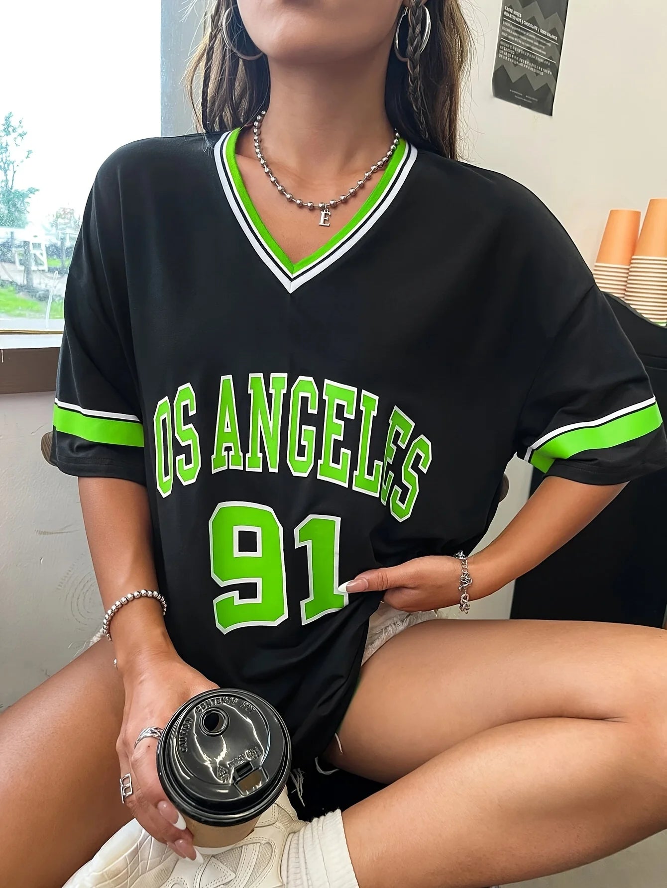 Women's Large Printed T-shirt Los Angeles 91 Letter Short Sleeve V-neck Loose Street Wear Sports Jersey Spring/Summer Tshirt Top