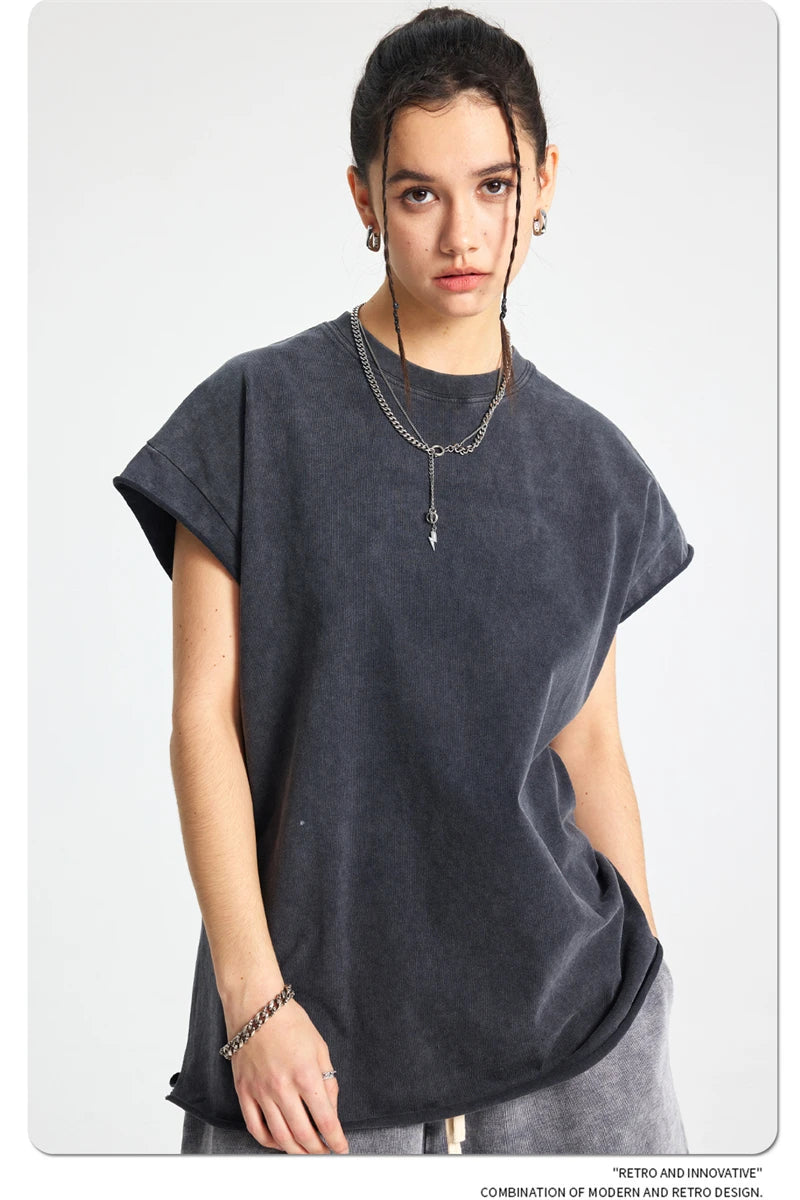 ZODF Trendy Summer Men Batik Washed 275gsm Cotton Tank Tops Unisex Oversized Loose Edge Sleeveless Vests Brand Tees HY1036