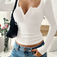 Women's 2025 Fall Winter Lace Trim Blouse - V-Neck Button Down Long Sleeve Shirt, Slim Fit Fashion Top