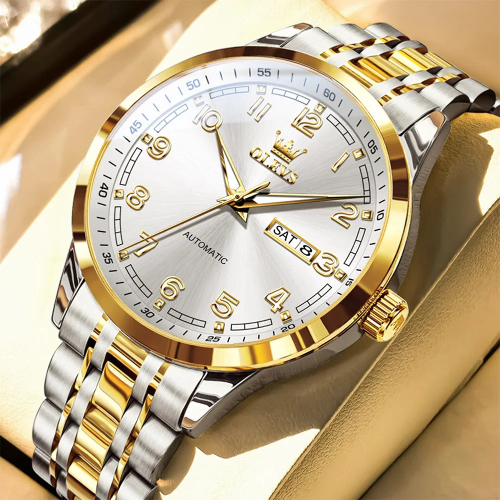 OLEVS Men Watches 7077 Luxury Fashion Top Brand Original Automatic Mechanical Watch for Man Double Scale Simple Trend Waterproof