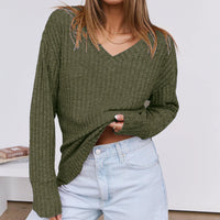 Women's Long Sleeve V-Neck T-Shirt Pit Stripe Milled Fashion Temperament Top