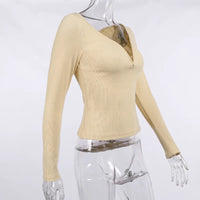 Women Sexy V Neck Solid Color Skinny Long Sleeve T Shirt Blouse Top Knitwear Elegant Casual High Street Club Party Harajuku High