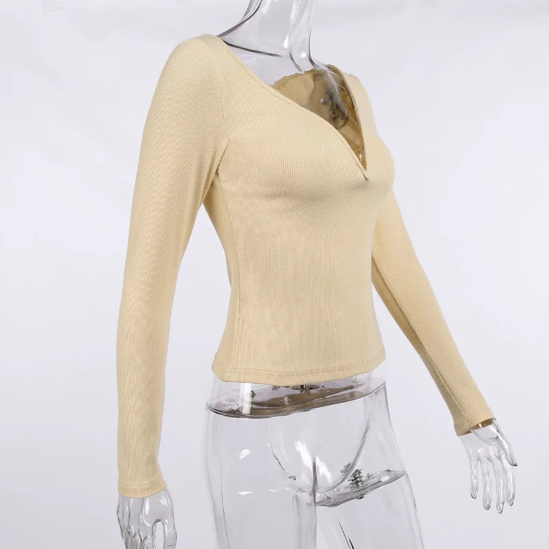 Women Sexy V Neck Solid Color Skinny Long Sleeve T Shirt Blouse Top Knitwear Elegant Casual High Street Club Party Harajuku High
